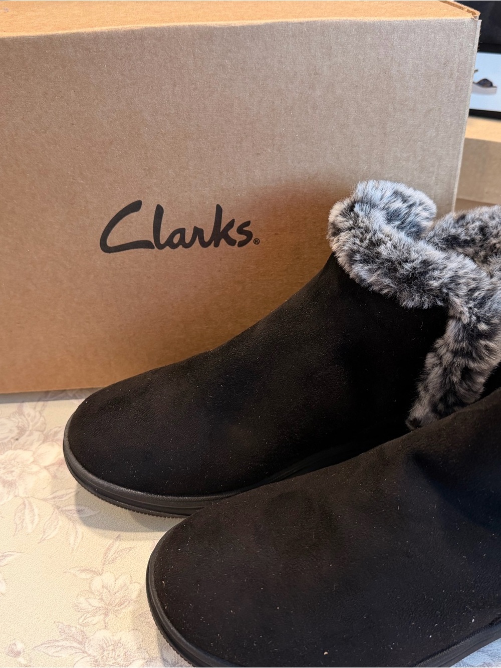 Clarks Black Suede Women’s Faux-Fur Collar Ankle Boots